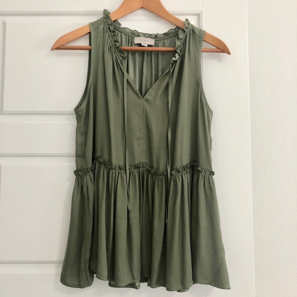 LOFT Outlet Silky Ruffle Top in Sage Green